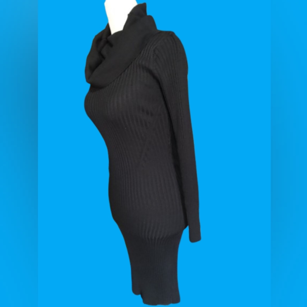 NWOT Black Ribbed Cowl Neck SweaterDress, Designer Made, Quality, Small - Picture 2 of 9